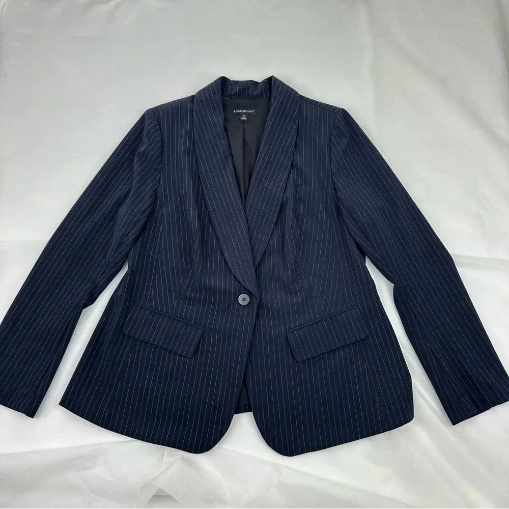 Lane Bryant Womens Navy Blue Pin  Stripes Blazer Long Sleeve Size 14